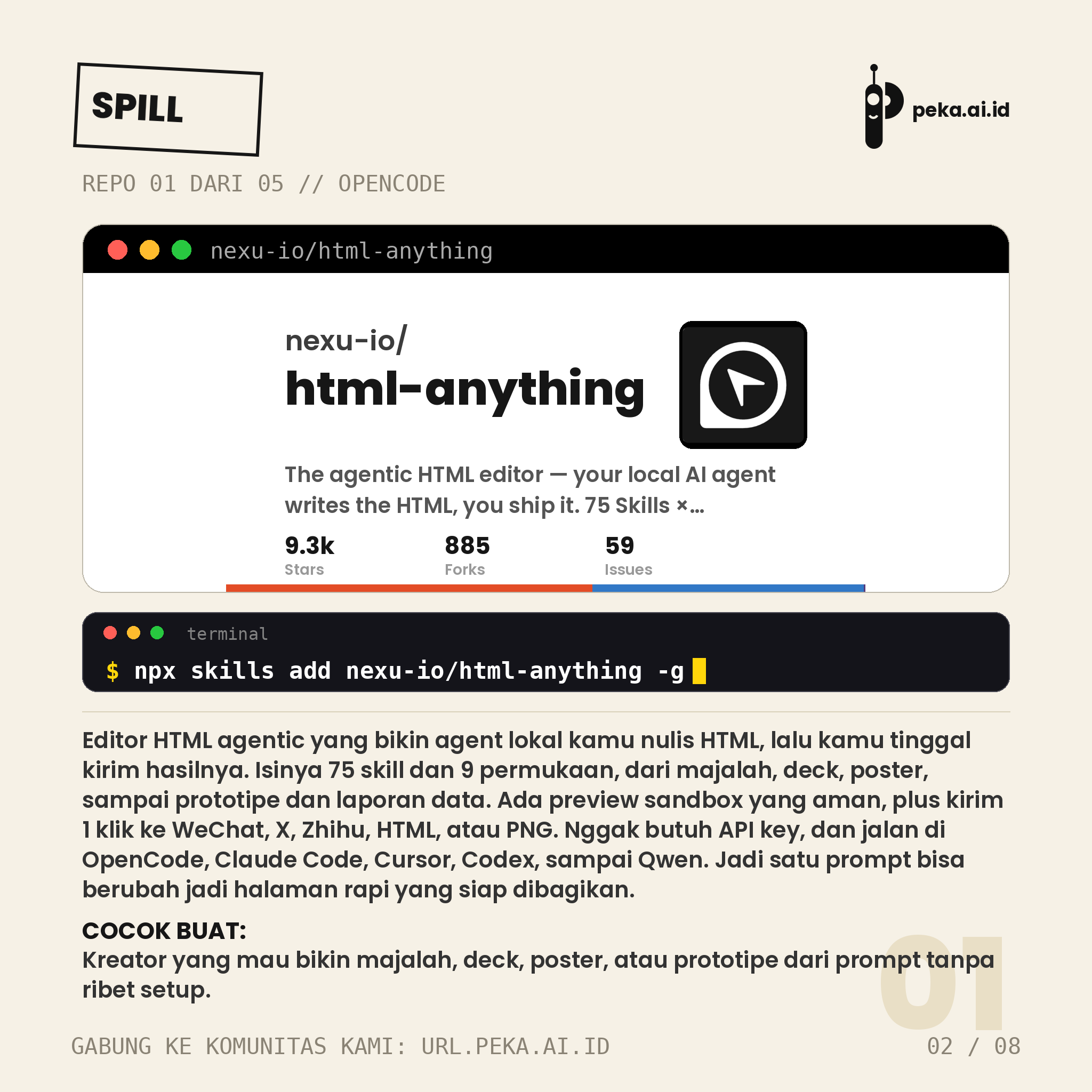 Spill Repo Skill OpenCode Edisi #08: Lima repo skill siap pakai buat OpenCode, dari editor HTML sampai memori agent