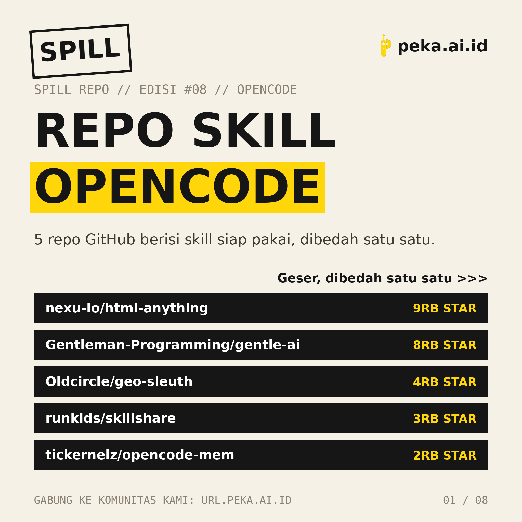 Spill Repo Skill OpenCode Edisi #08: Lima repo skill siap pakai buat OpenCode, dari editor HTML sampai memori agent